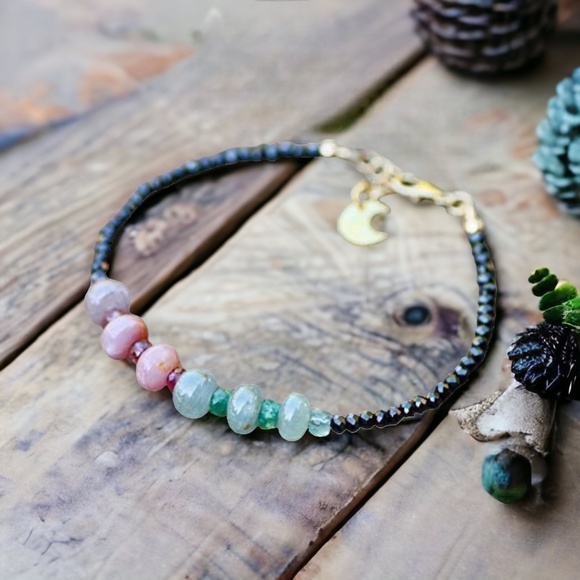 Sparkling Natural Black Spinel , Emerald and Sapphire Bracelet 14K Gold Filled - Picture 2 of 10